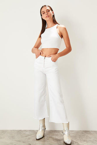 White Zipper Detail Waist Culotte Jeans
